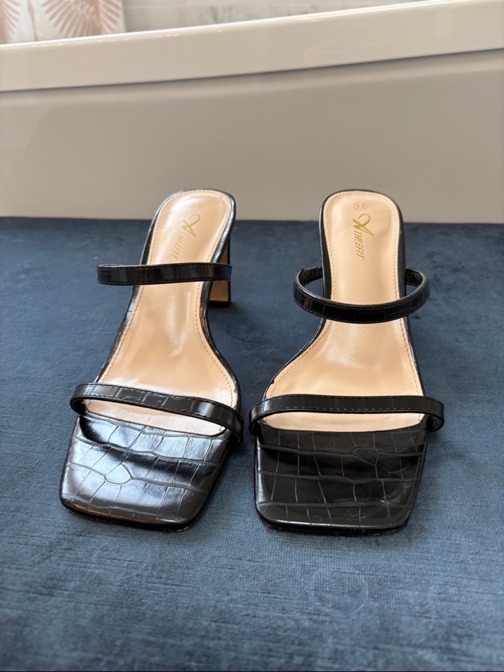 Black Strappy Square-Toe Heeled Sandals